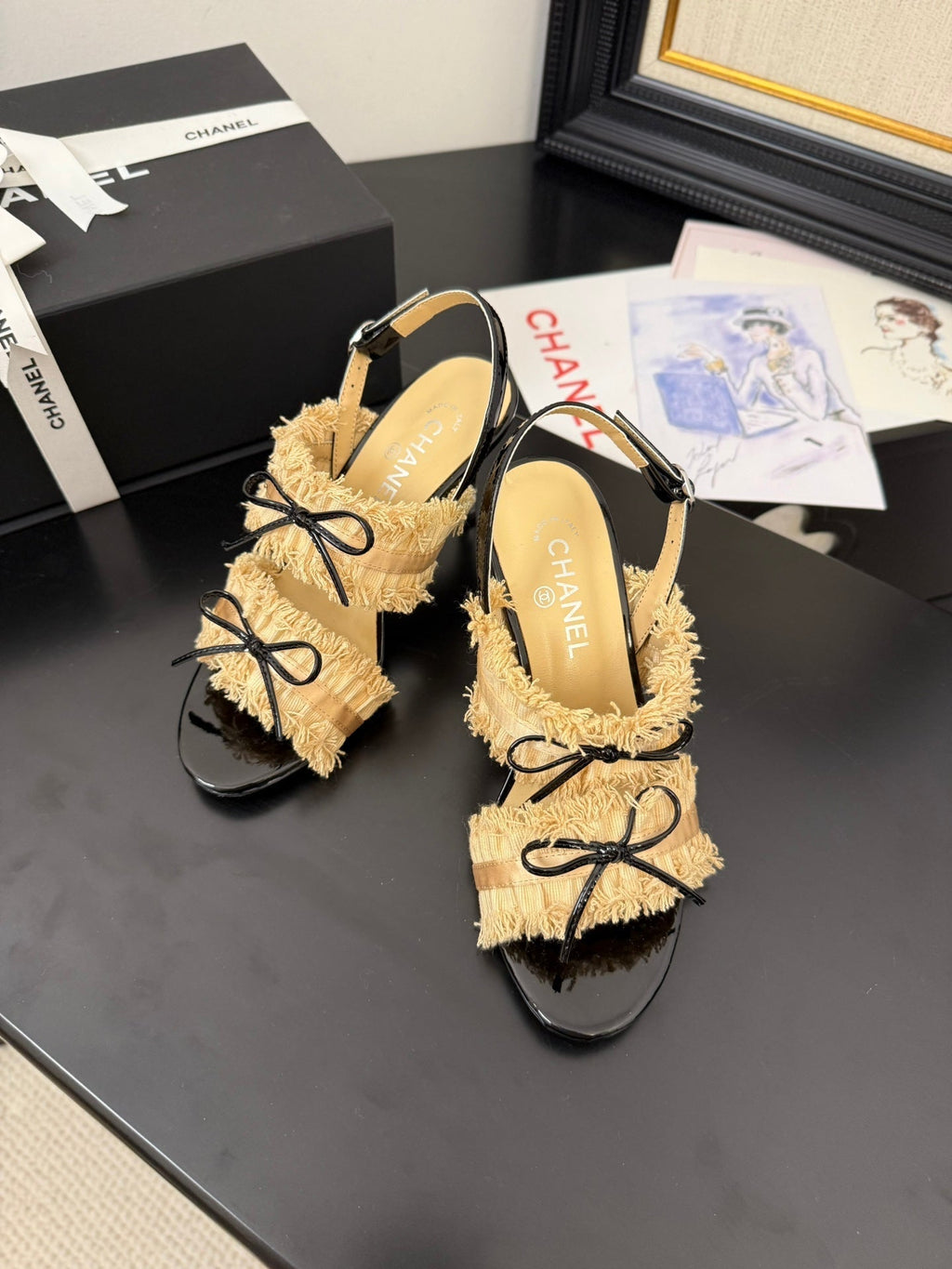 CHANEL SAND YELLOW GROSGRAIN CANVAS BOW SLINGBACK SANDALS