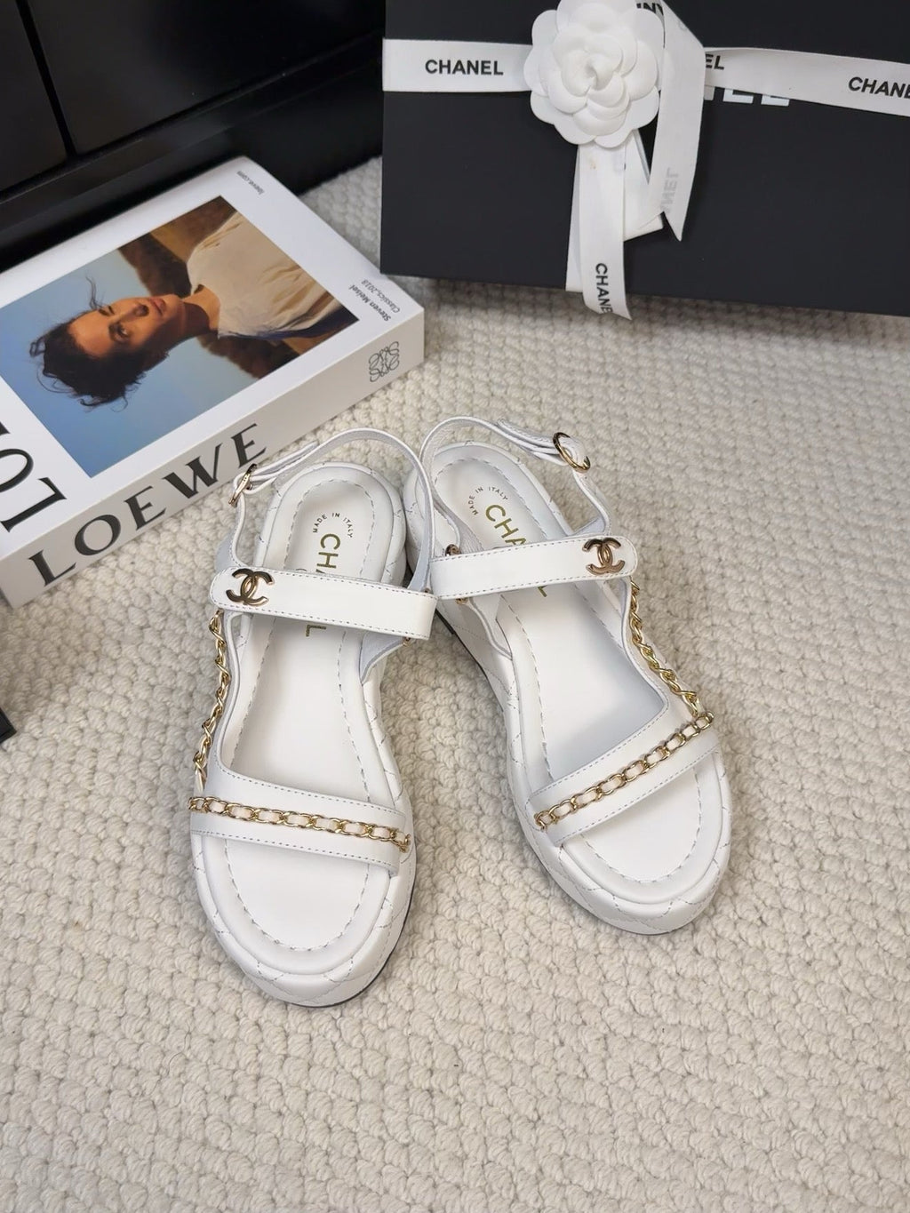 CHANEL THICK-SOLED SANDALS 55 MM IN WHITE CALFSKIN