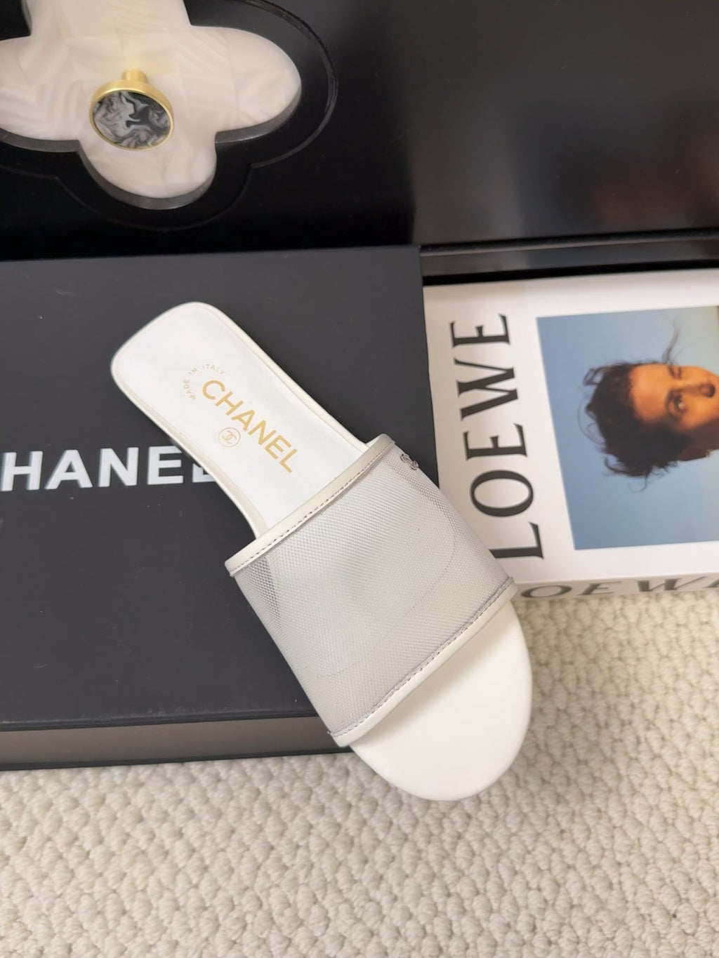 CHANEL FLAT SLIDE IN WHITE MESH AND SUEDE