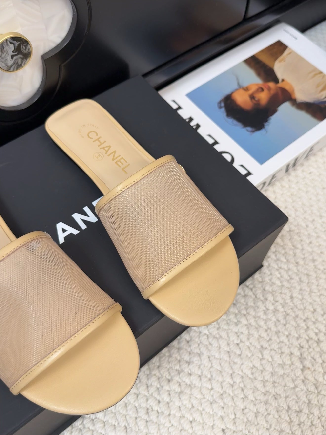 CHANEL FLAT SLIDE IN FLAX YELLOW MESH AND SUEDE