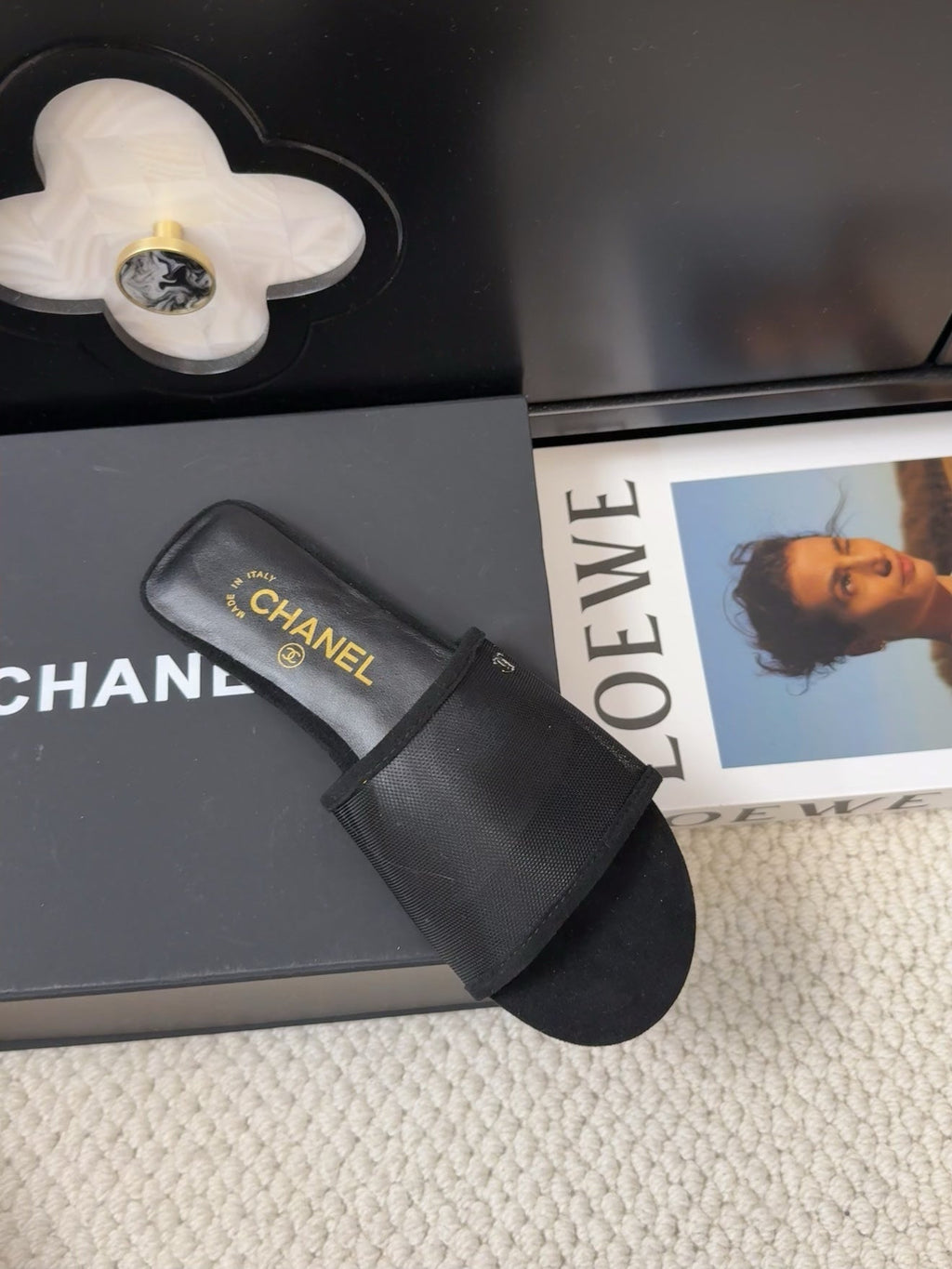 CHANEL FLAT SLIDE IN BLACK MESH AND SUEDE