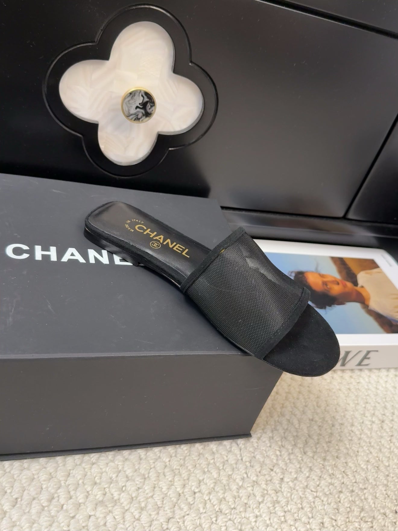 CHANEL FLAT SLIDE IN BLACK MESH AND SUEDE