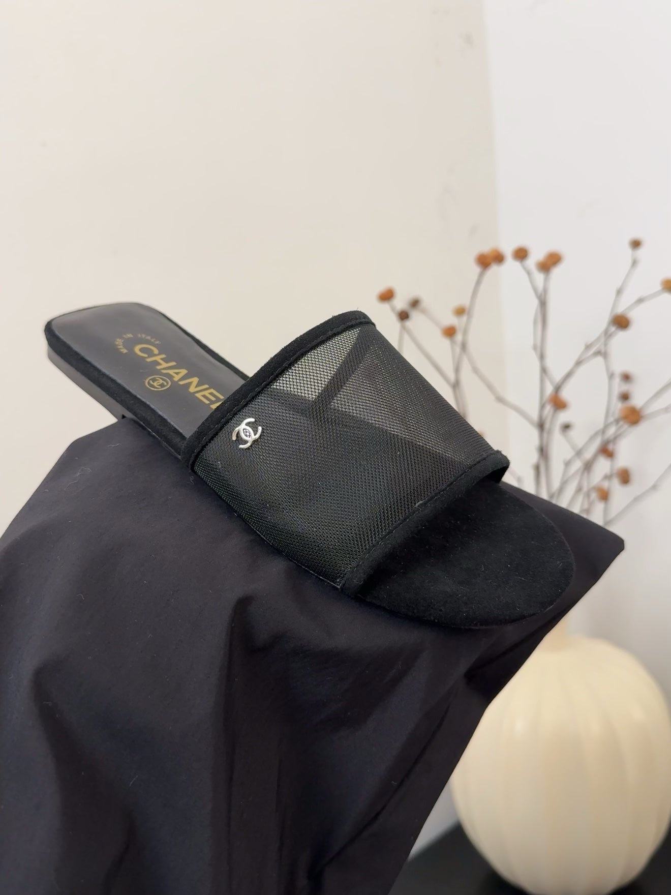 CHANEL FLAT SLIDE IN BLACK MESH AND SUEDE