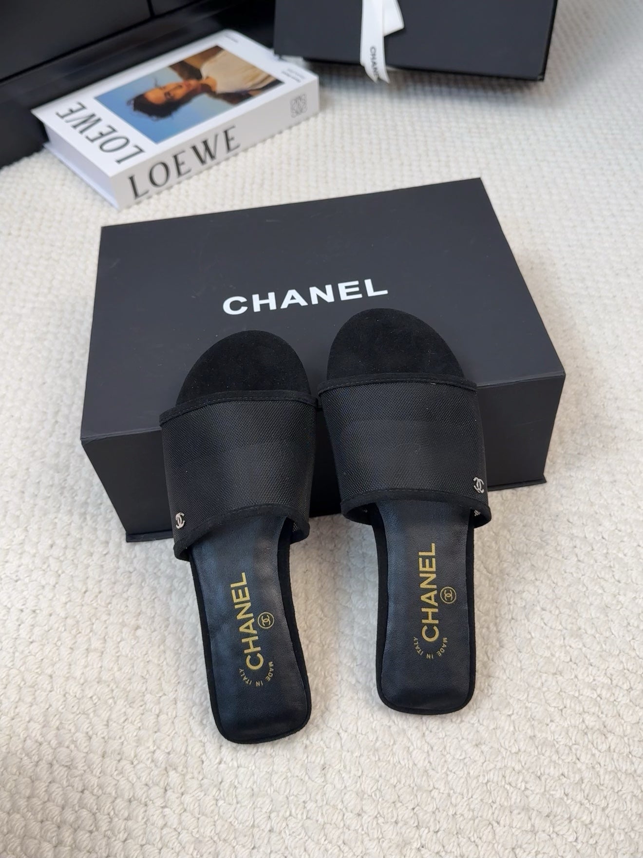 CHANEL FLAT SLIDE IN BLACK MESH AND SUEDE