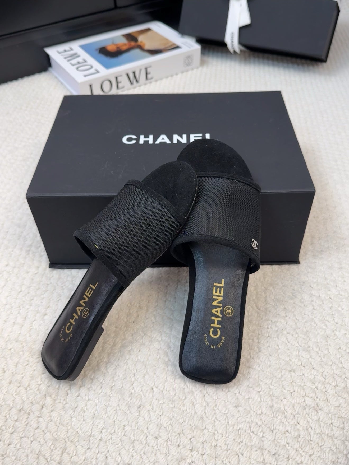 CHANEL FLAT SLIDE IN BLACK MESH AND SUEDE