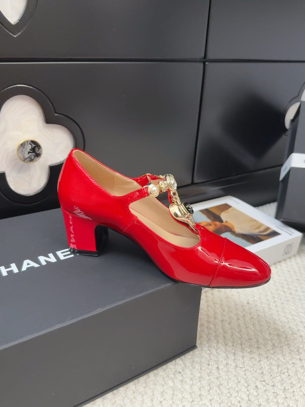 CHANEL MARY JANE SHOES IN RUBY RED PATENT CALFSKIN 55 MM