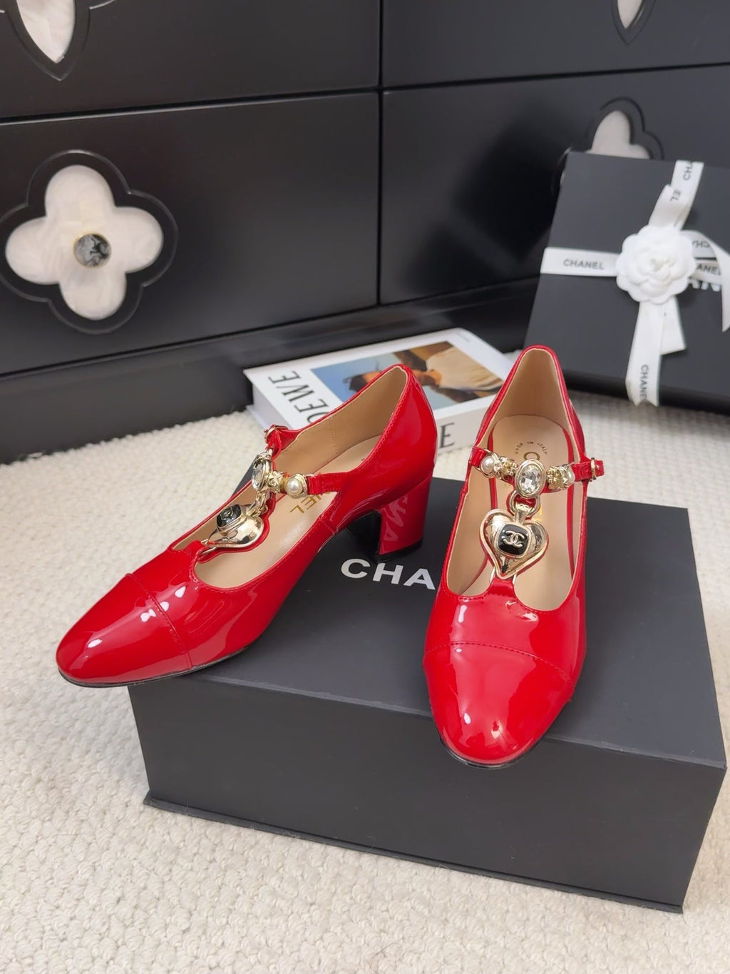 CHANEL MARY JANE SHOES IN RUBY RED PATENT CALFSKIN 55 MM
