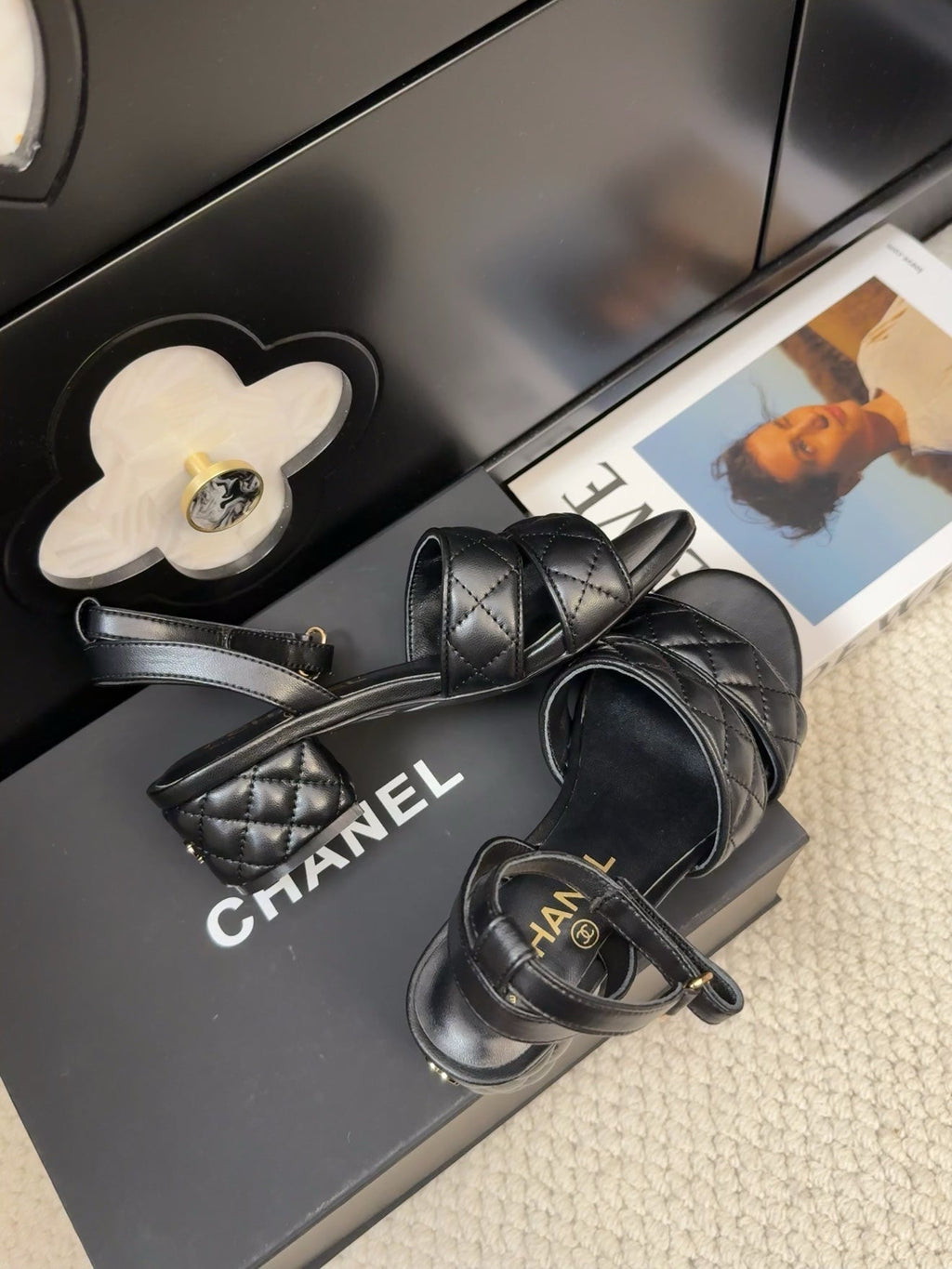 CHANEL 25C Sandal 45mm Open Heel Black Lambskin 233491