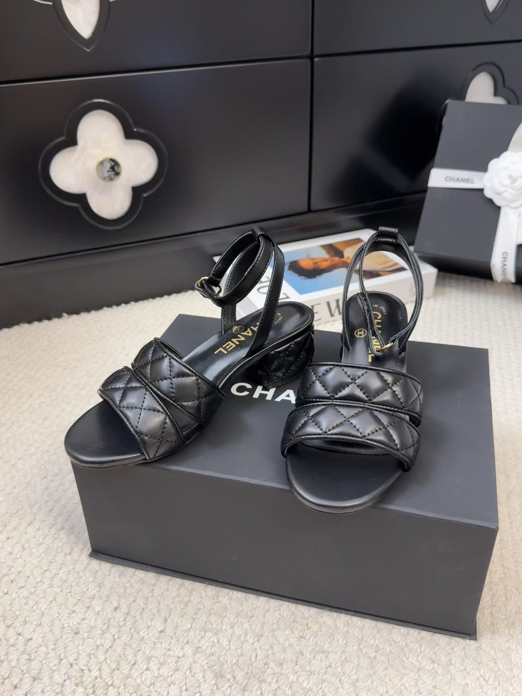 CHANEL 25C Sandal 45mm Open Heel Black Lambskin 233491