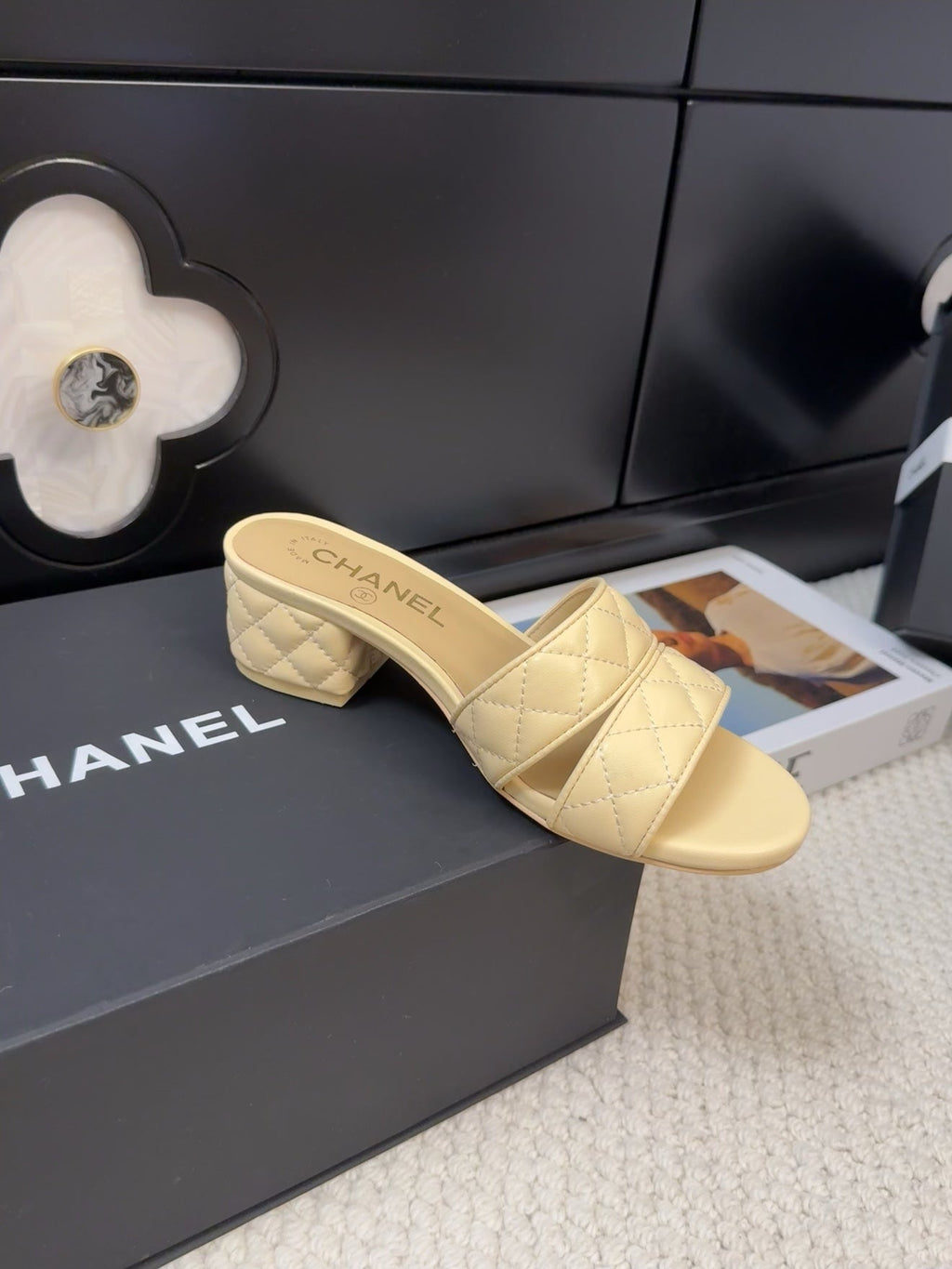CHANEL 25C Mule Sandal 45mm Open Heel Beige Lambskin 233493
