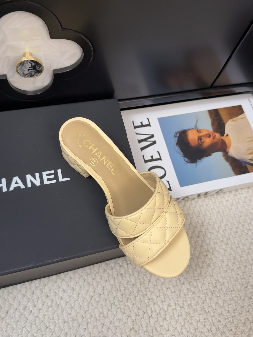 CHANEL 25C Mule Sandal 45mm Open Heel Beige Lambskin 233493