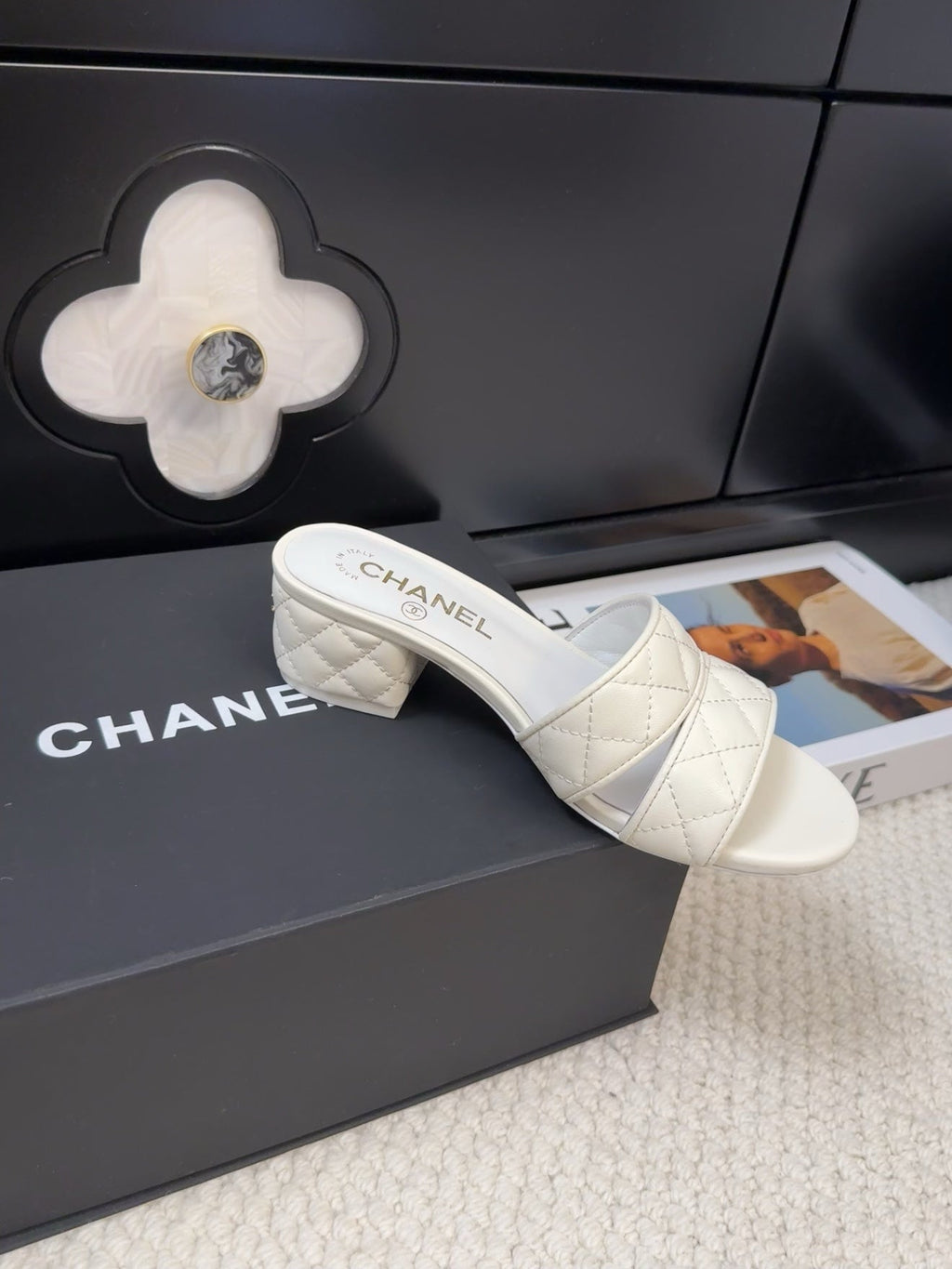CHANEL 25C Mule Sandal 45mm Open Heel White Lambskin 233495