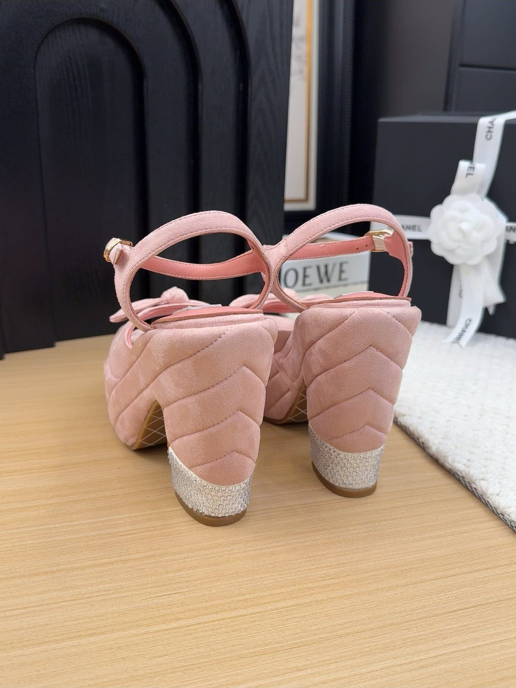 CHANEL HIGH 12 CM PLATFORM SANDALS IN BLUSH PINK SUEDE