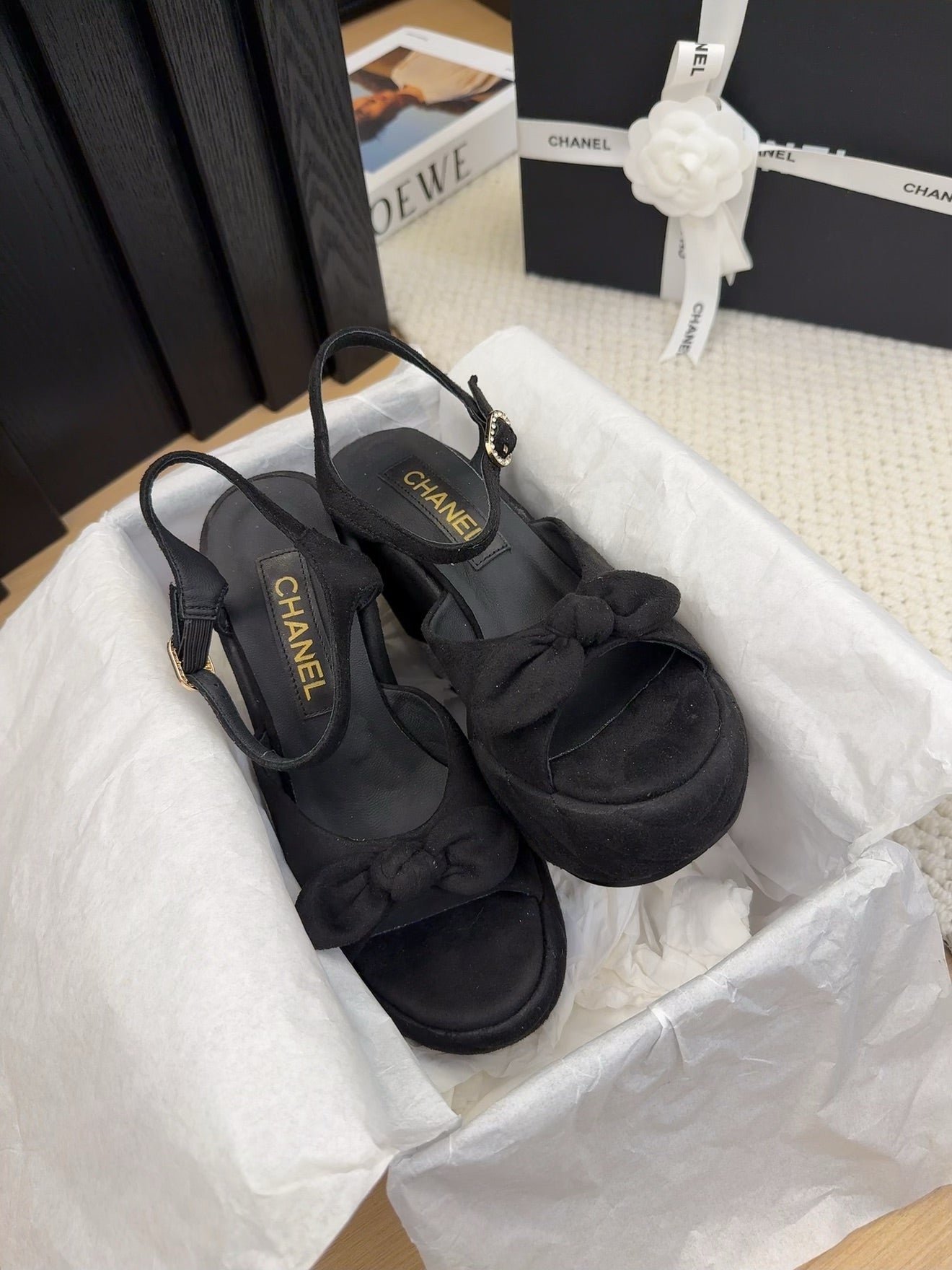 CHANEL HIGH 12 CM PLATFORM SANDALS IN BLACK SUEDE