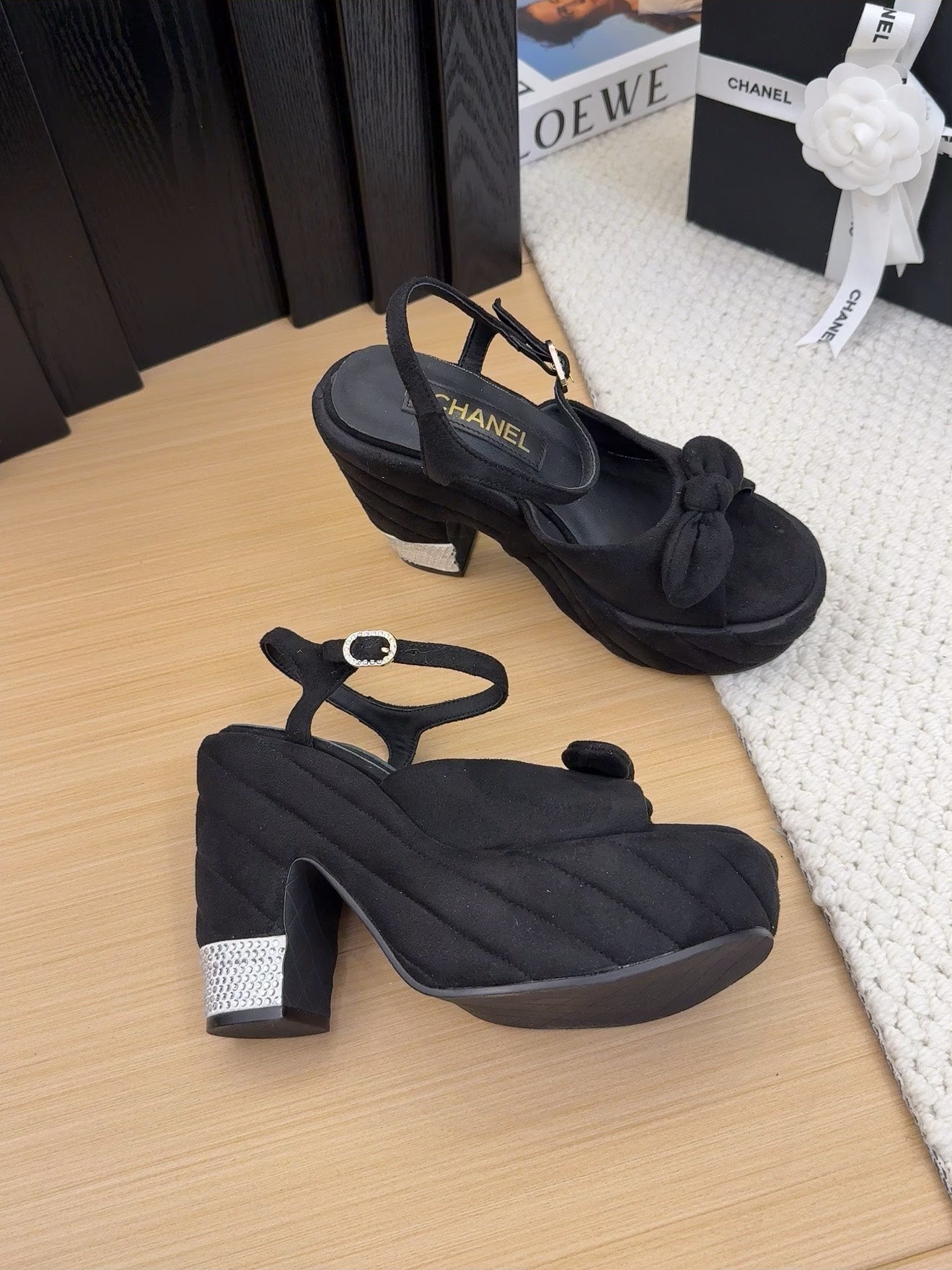 CHANEL HIGH 12 CM PLATFORM SANDALS IN BLACK SUEDE