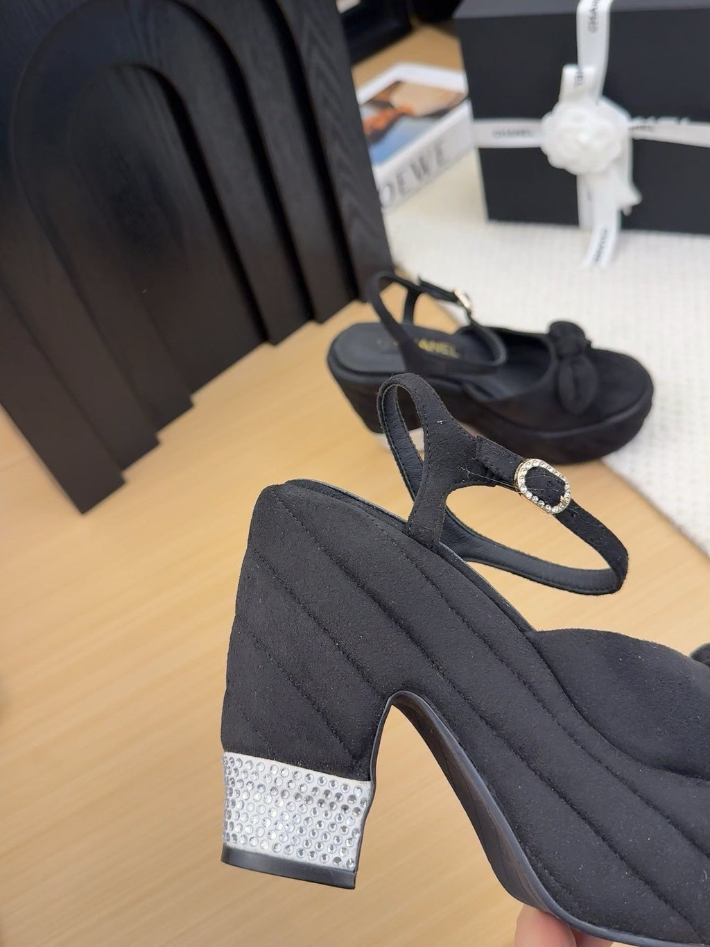 CHANEL HIGH 12 CM PLATFORM SANDALS IN BLACK SUEDE