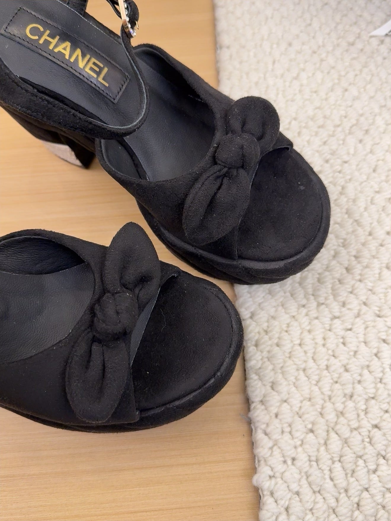 CHANEL HIGH 12 CM PLATFORM SANDALS IN BLACK SUEDE