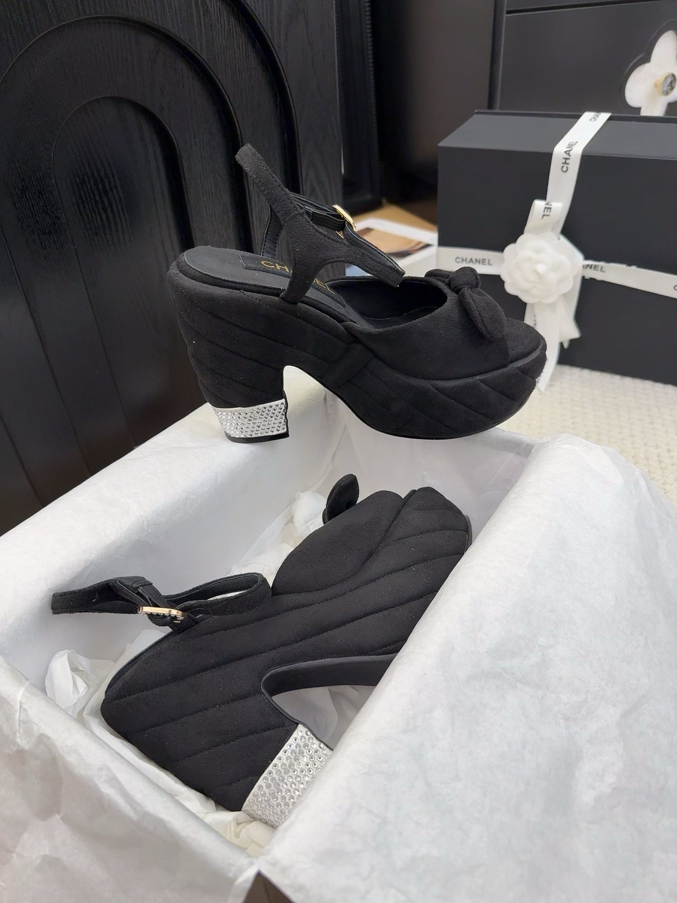 CHANEL HIGH 12 CM PLATFORM SANDALS IN BLACK SUEDE