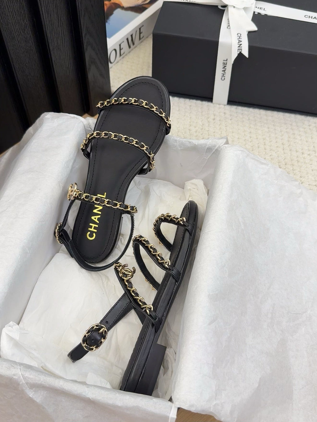 CHANEL THREE-STRAPS SANDALS IN BLACK CALFSKIN WITH GOLD HARDWARE