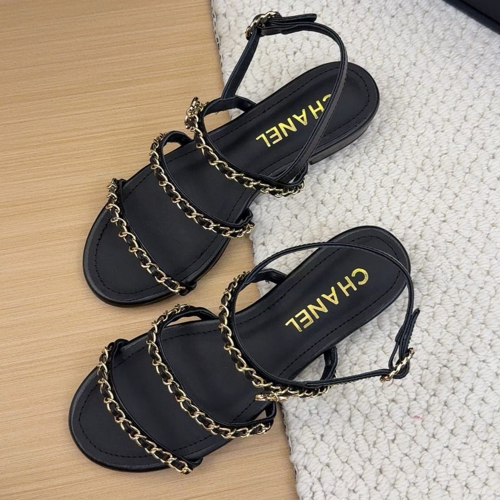CHANEL THREE-STRAPS SANDALS IN BLACK CALFSKIN WITH GOLD HARDWARE