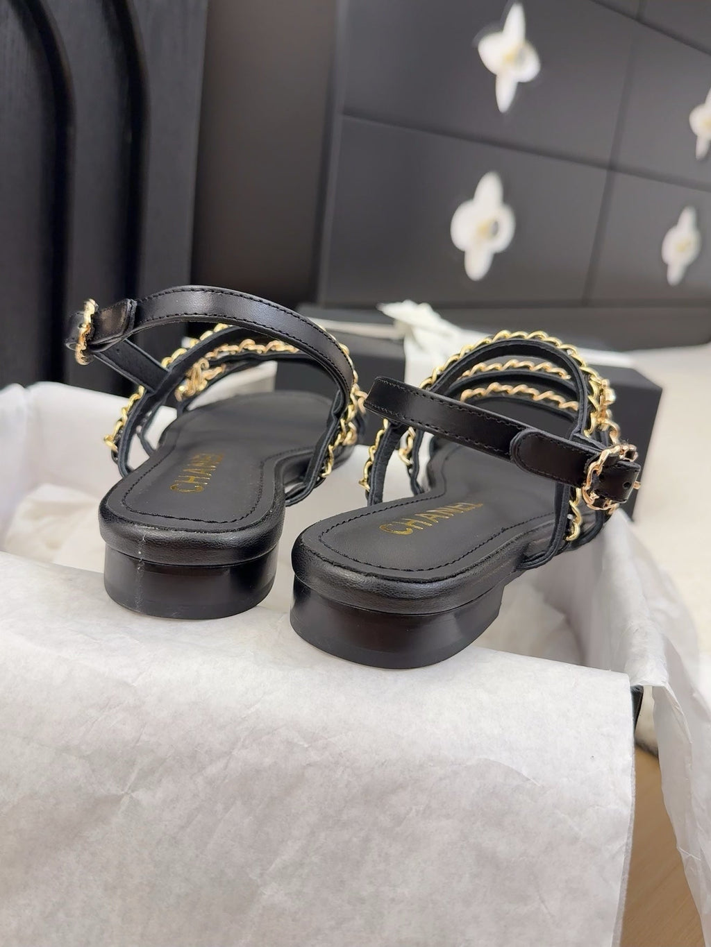 CHANEL THREE-STRAPS SANDALS IN BLACK CALFSKIN WITH GOLD HARDWARE