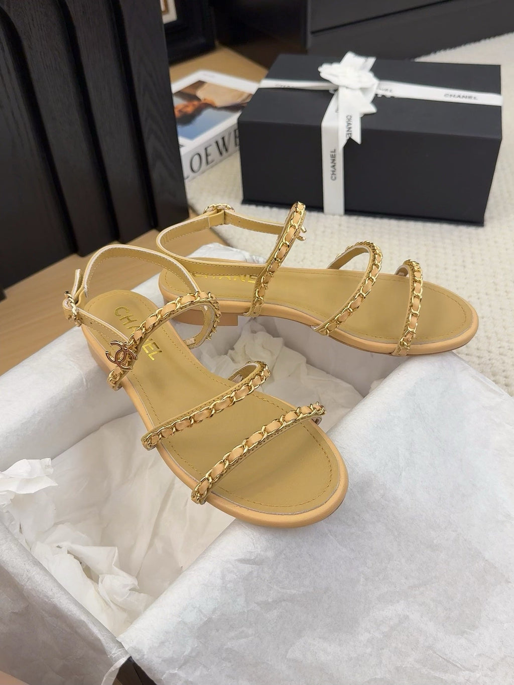 CHANEL THREE-STRAPS SANDALS IN SAND YELLOW CALFSKIN WITH GOLD HARDWARE