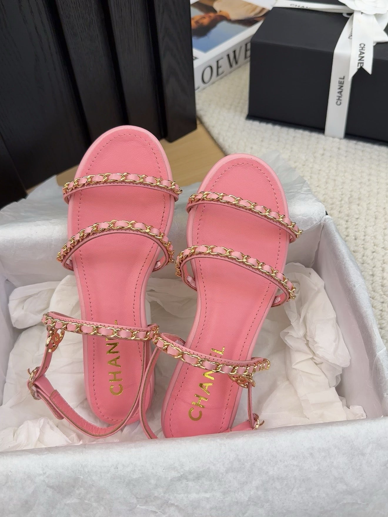 CHANEL THREE-STRAPS SANDALS IN FLAMINGO PINK CALFSKIN WITH GOLD HARDWARE