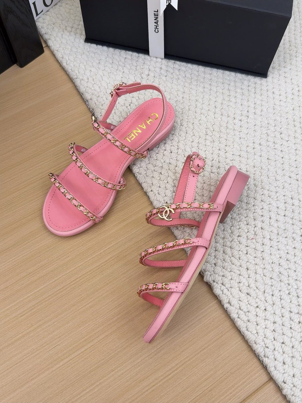 CHANEL THREE-STRAPS SANDALS IN FLAMINGO PINK CALFSKIN WITH GOLD HARDWARE