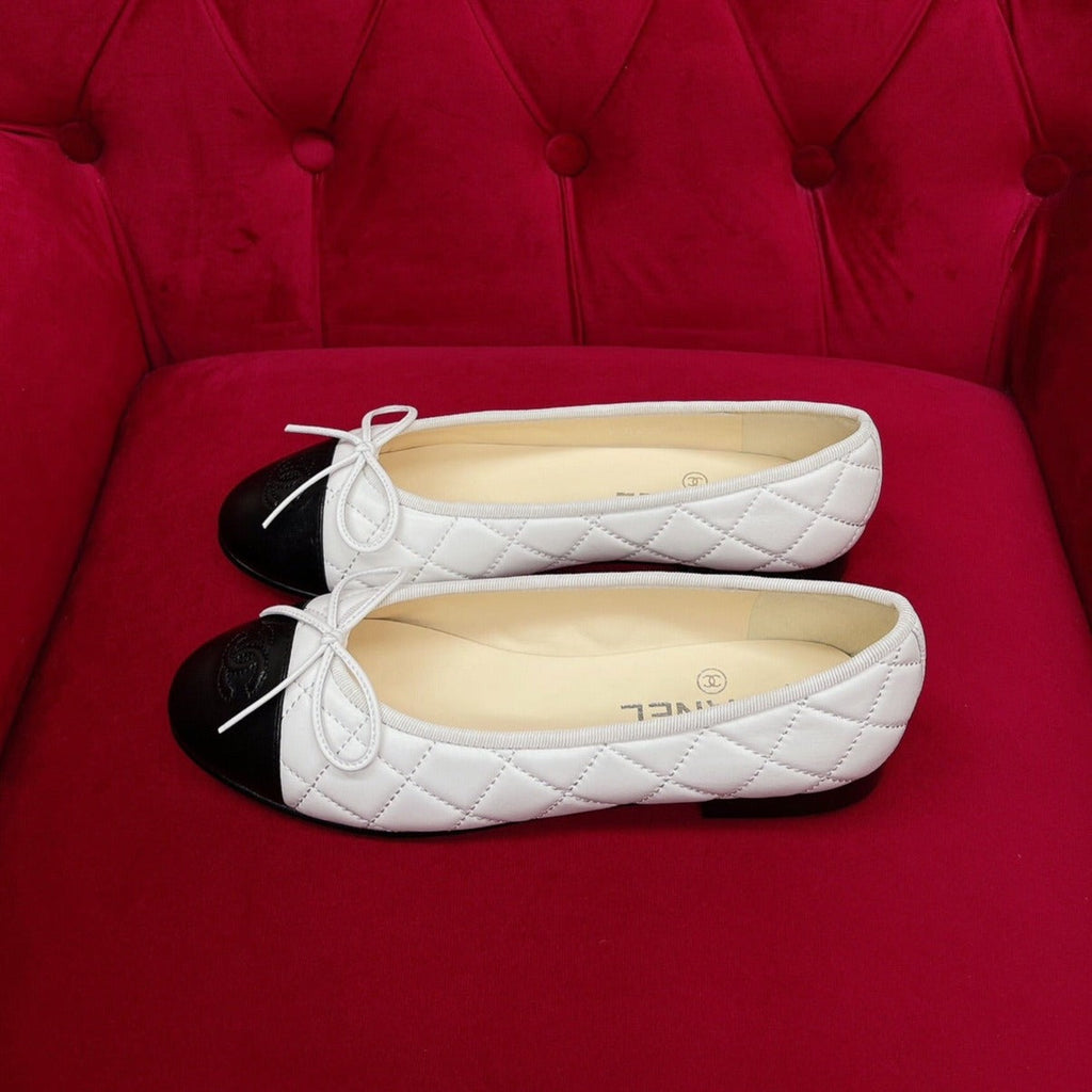CHANEL ballet flat black white quilted lambskin