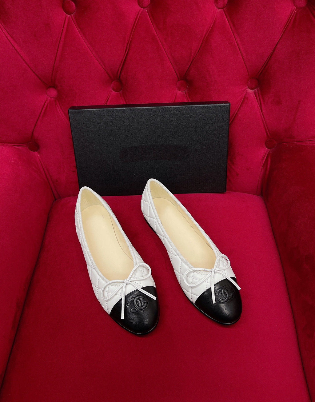 CHANEL ballet flat black white quilted lambskin