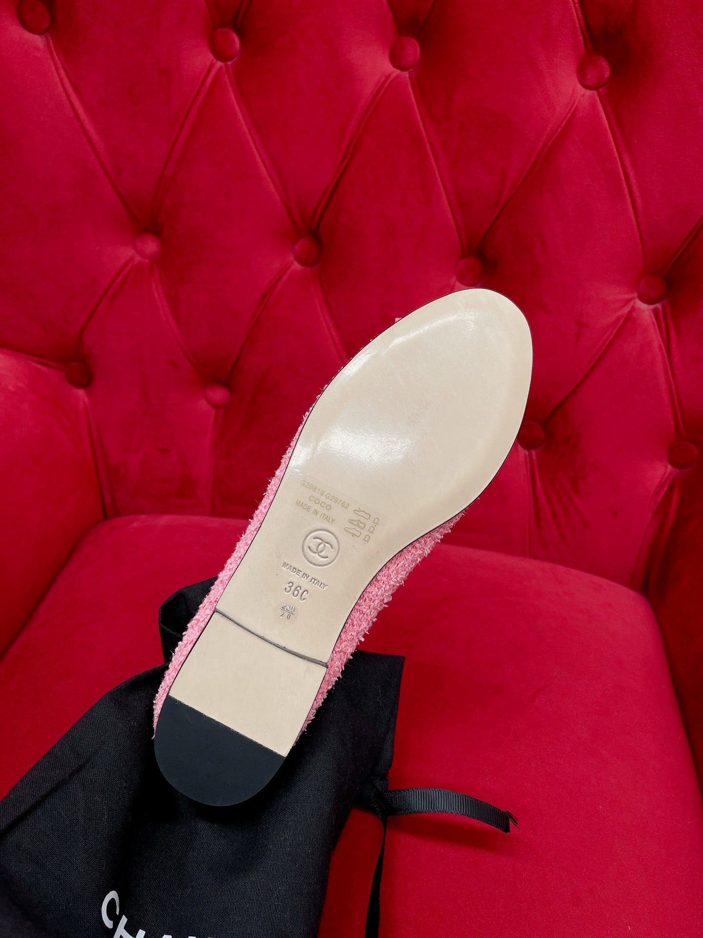 CHANEL ballet flat pink black tweed grosgrain