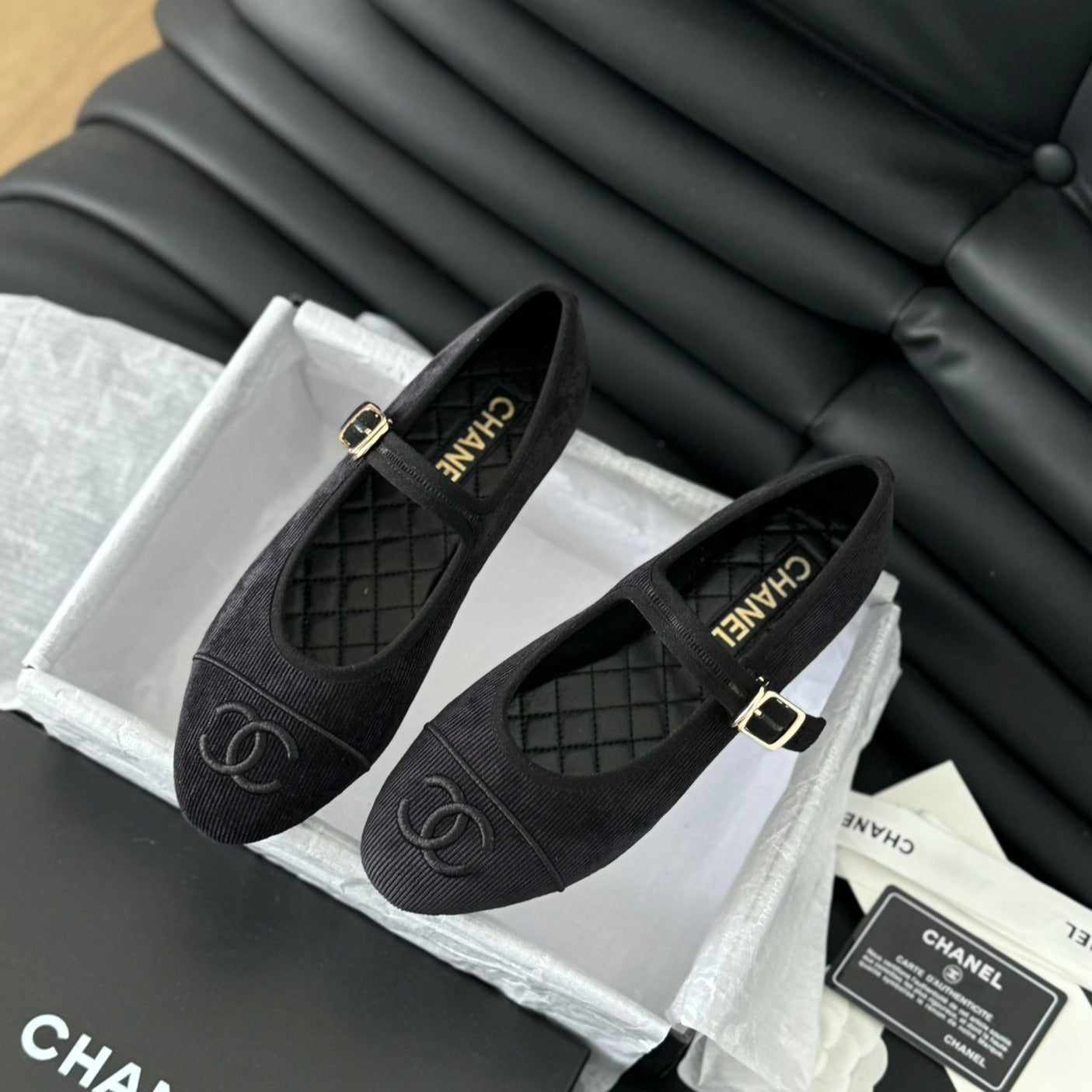 CHANEL MARY JANE SHOES BLACK CORDUROY TWILL FABRIC