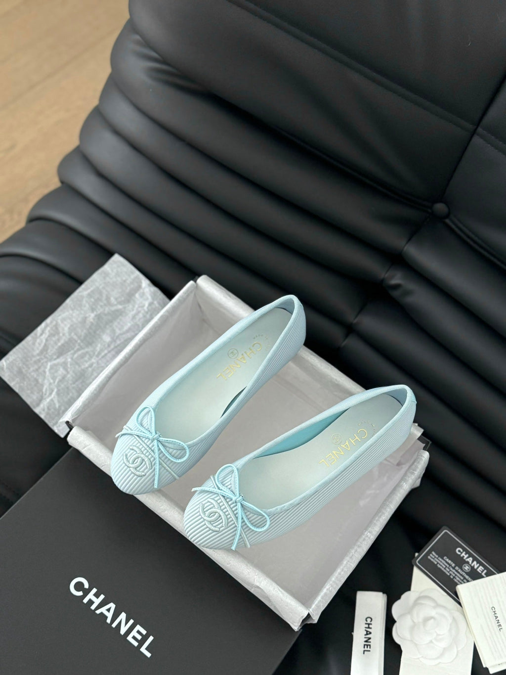 CHANEL CLASSIC BALLET FLATS LIGHT BLUE LAMBSKIN