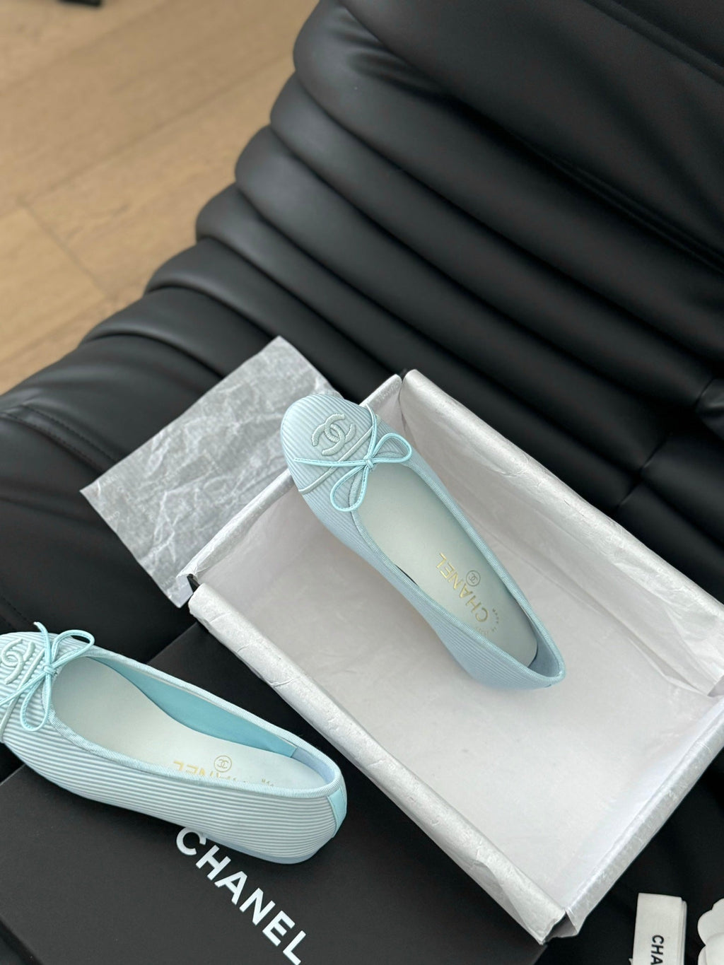 CHANEL CLASSIC BALLET FLATS LIGHT BLUE LAMBSKIN