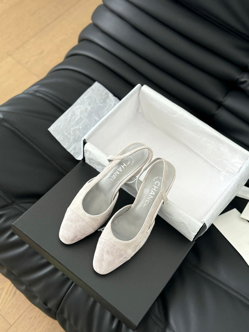 CHANEL CLASSIC HIGH SLINGBACK GREY CLOUD SUEDE