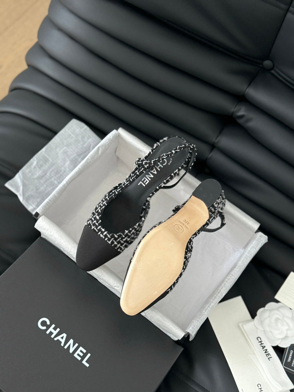 CHANEL HIGH SLINGBACK IN BLACK MIX WHITE TWEED AND LAMBSKIN