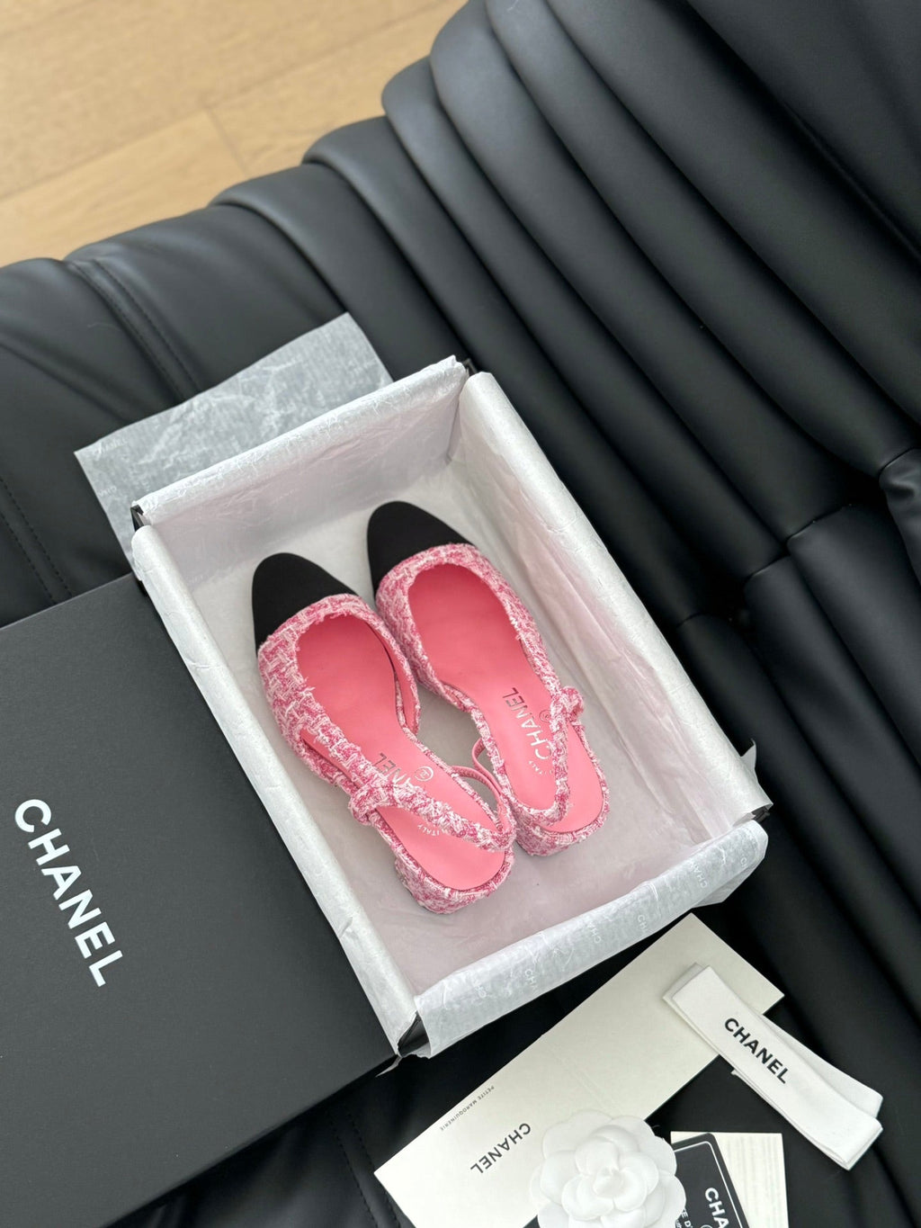 CHANEL HIGH SLINGBACK IN LIGHT PINK TWEED AND BLACK LAMBSKIN