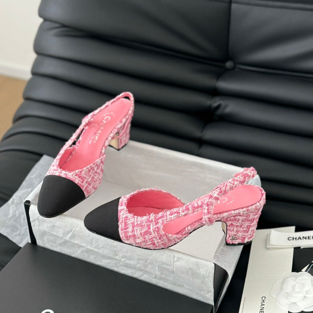CHANEL HIGH SLINGBACK IN LIGHT PINK TWEED AND BLACK LAMBSKIN