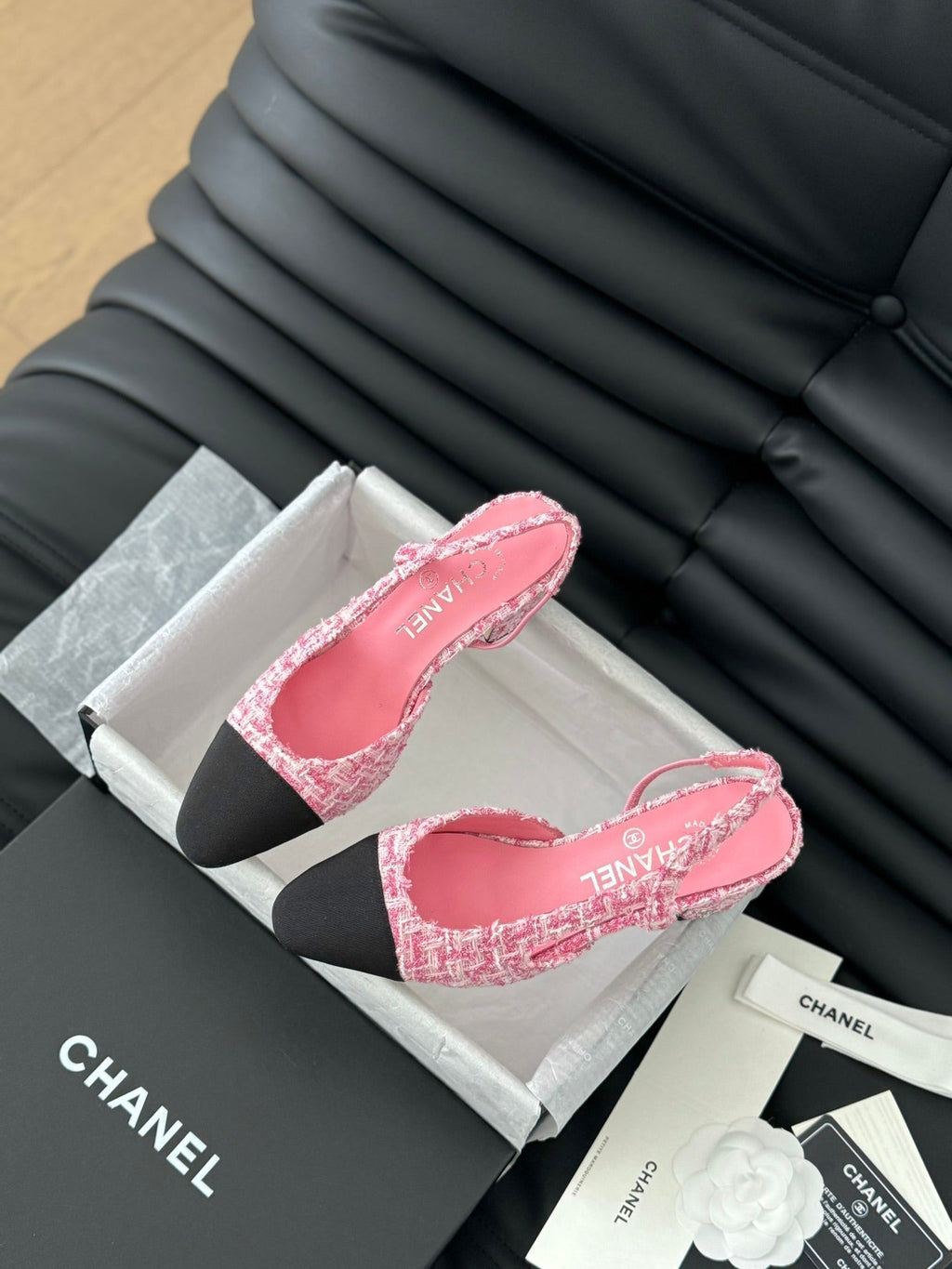 CHANEL HIGH SLINGBACK IN LIGHT PINK TWEED AND BLACK LAMBSKIN