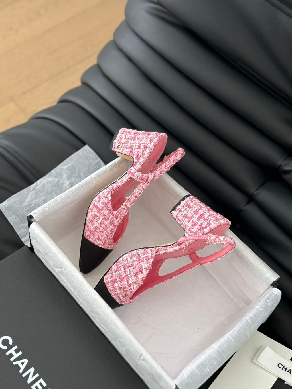 CHANEL HIGH SLINGBACK IN LIGHT PINK TWEED AND BLACK LAMBSKIN