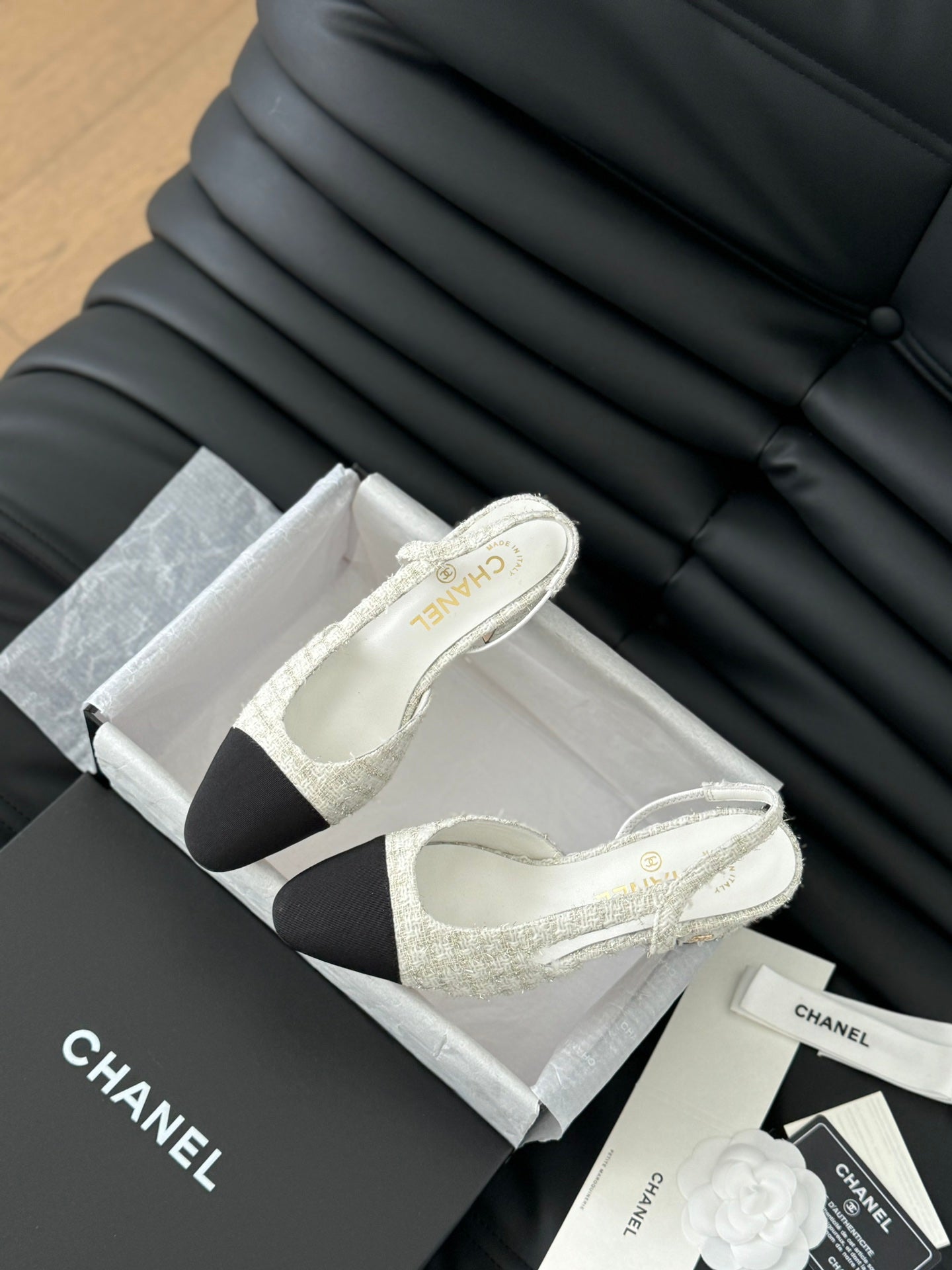 CHANEL HIGH SLINGBACK IN WHITE TWEED AND BLACK LAMBSKIN