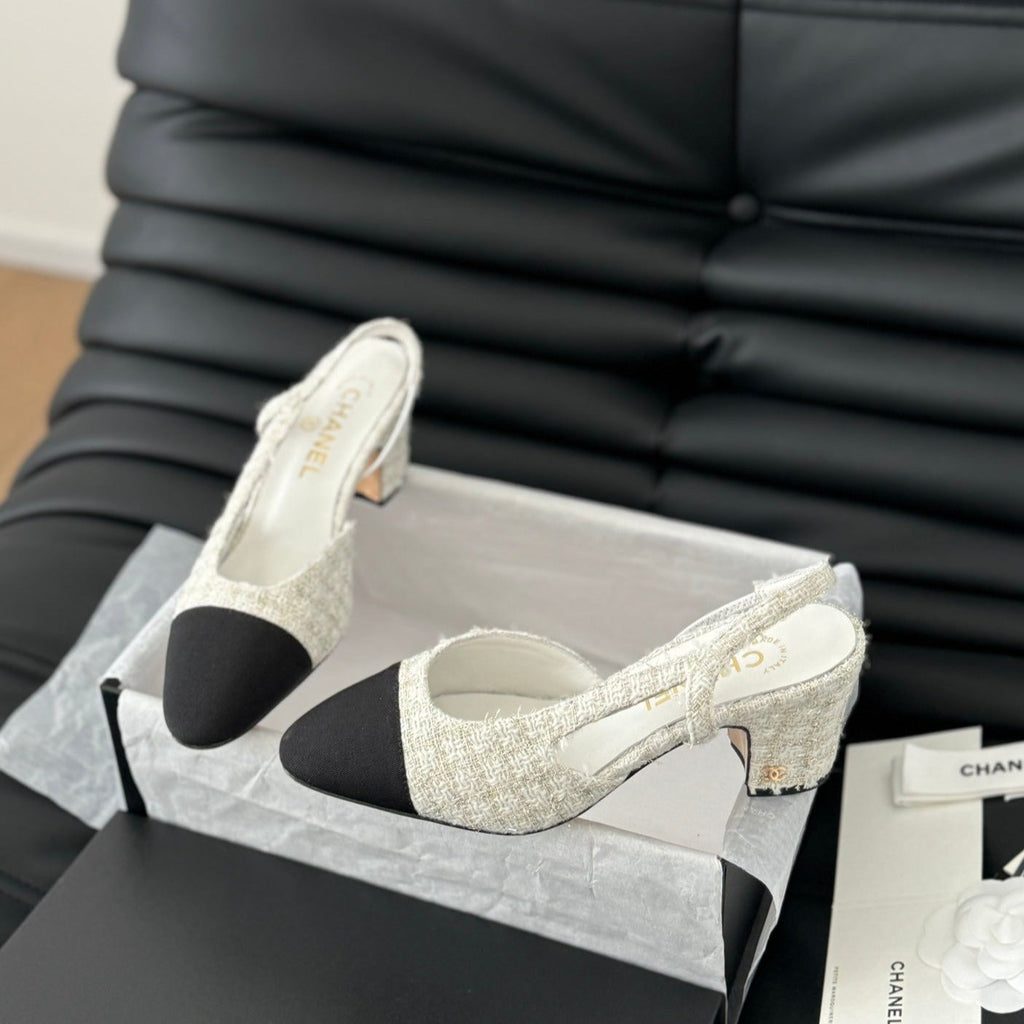 CHANEL HIGH SLINGBACK IN WHITE TWEED AND BLACK LAMBSKIN