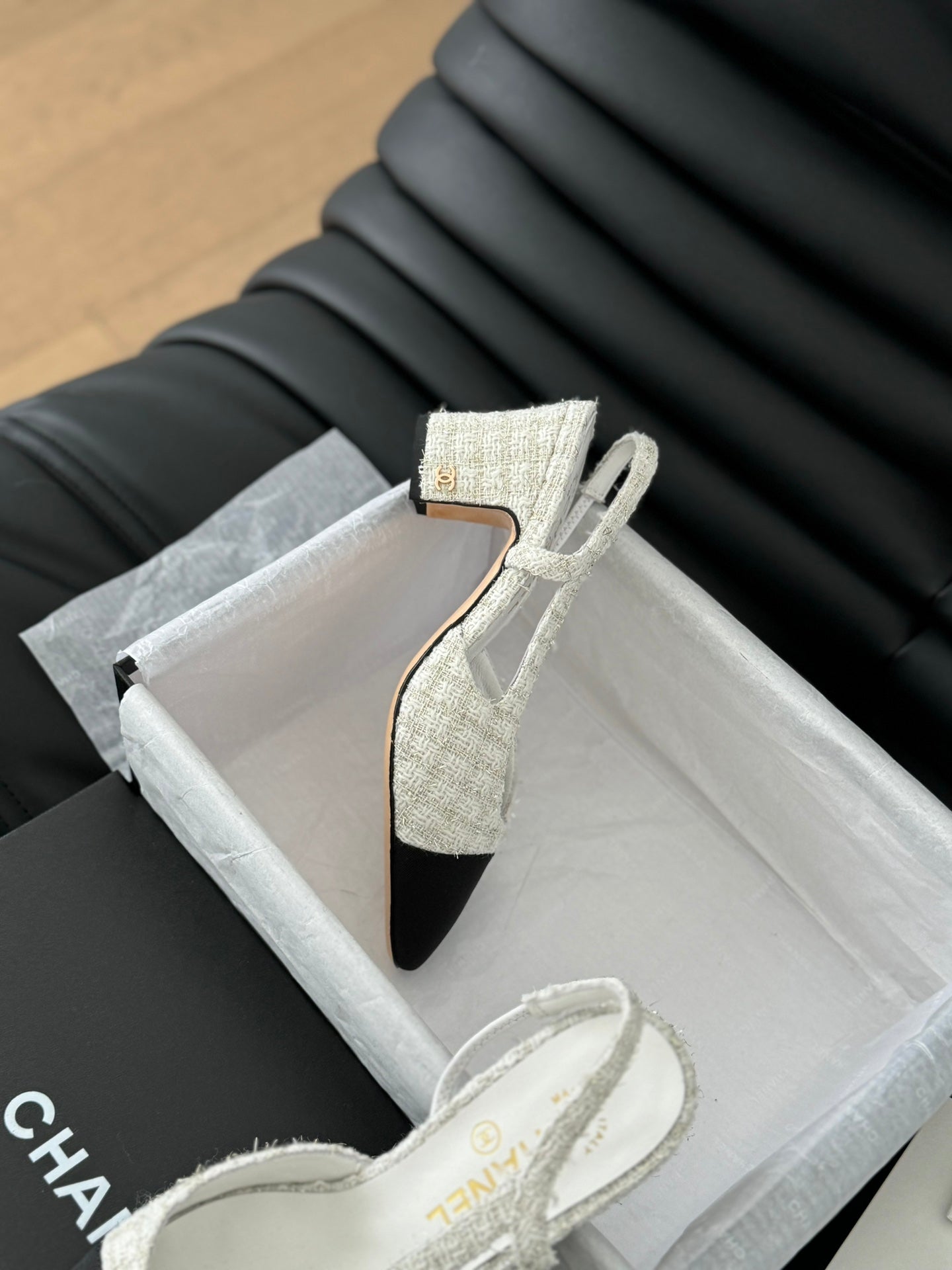 CHANEL HIGH SLINGBACK IN WHITE TWEED AND BLACK LAMBSKIN