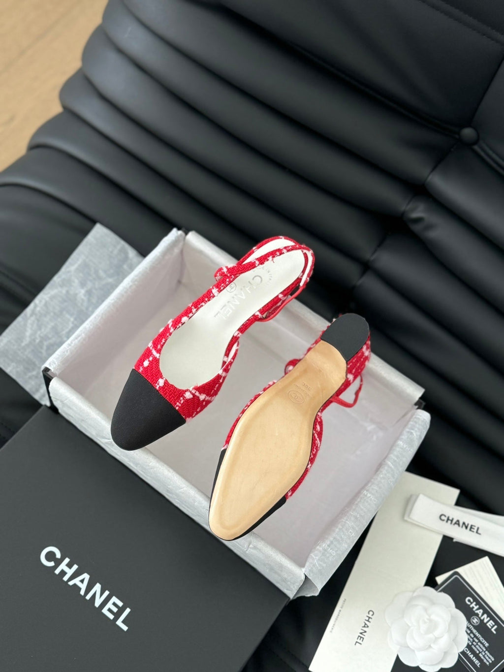 CHANEL HIGH SLINGBACK IN CHERRY RED TWEED AND BLACK LAMBSKIN