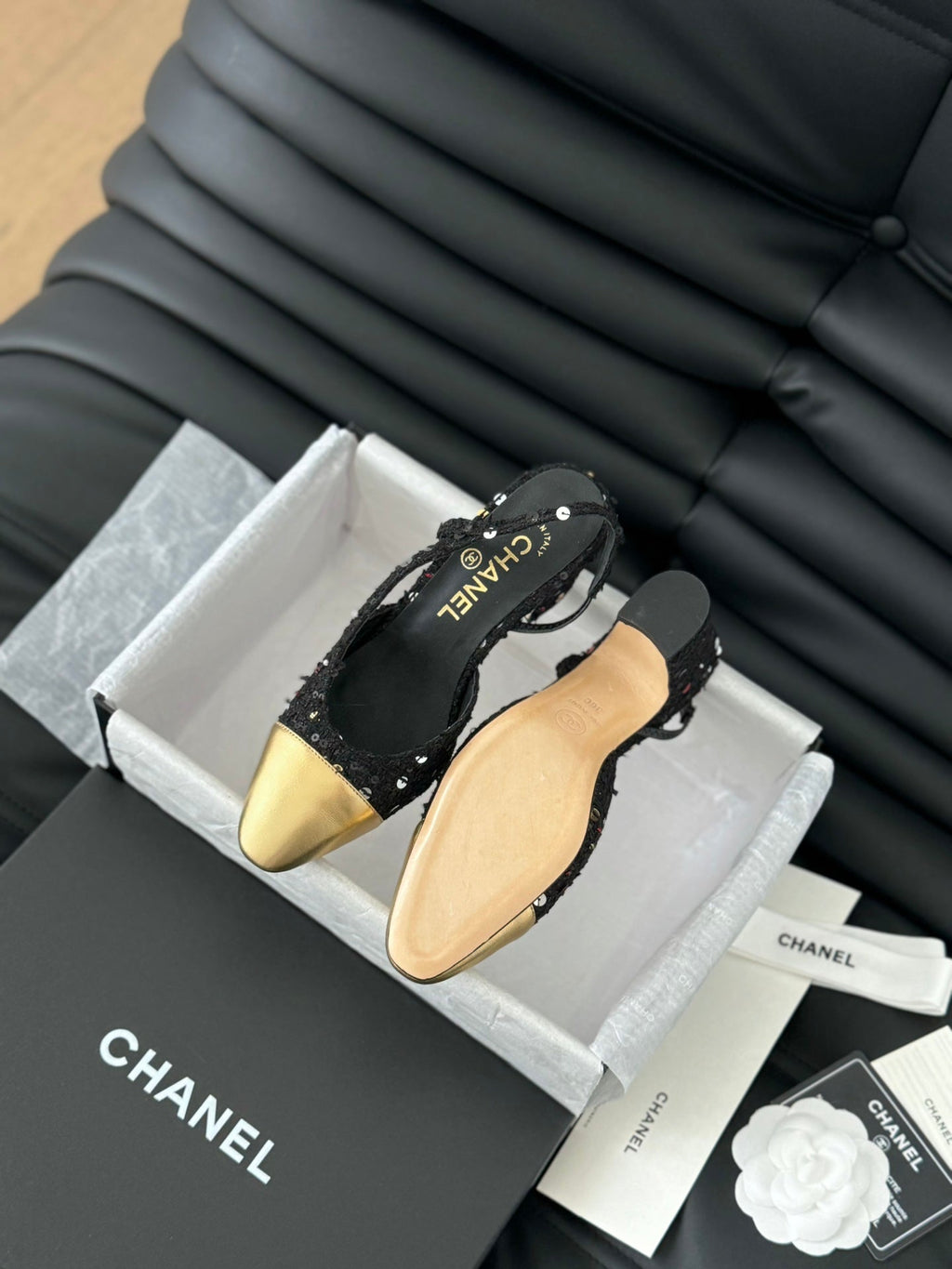 CHANEL HIGH SLINGBACK IN BLACK TWEED AND GOLDEN LAMBSKIN
