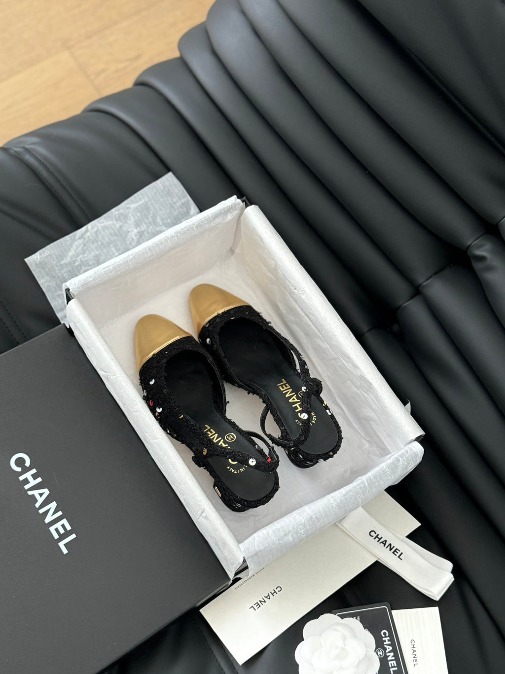 CHANEL HIGH SLINGBACK IN BLACK TWEED AND GOLDEN LAMBSKIN