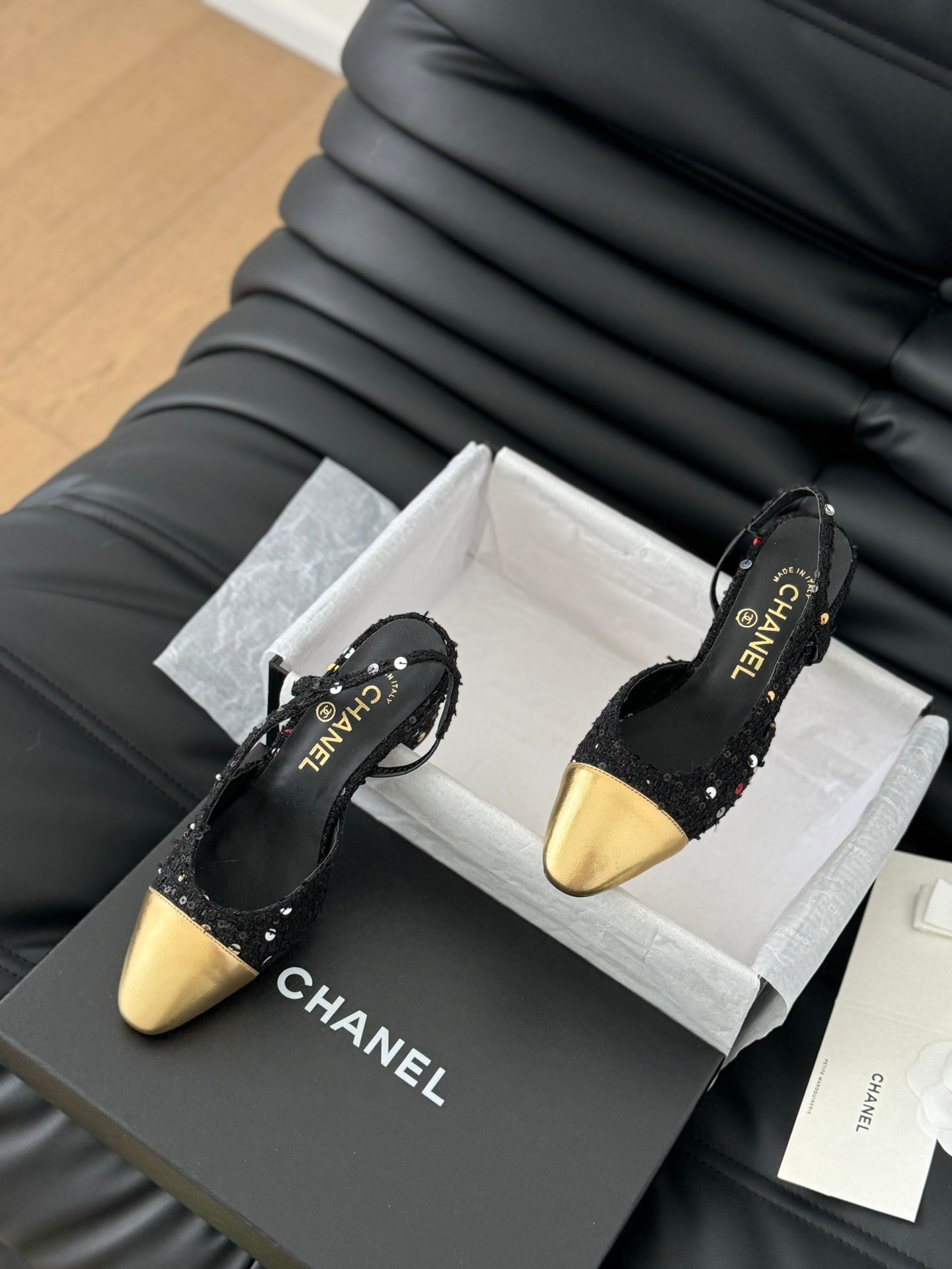CHANEL HIGH SLINGBACK IN BLACK TWEED AND GOLDEN LAMBSKIN