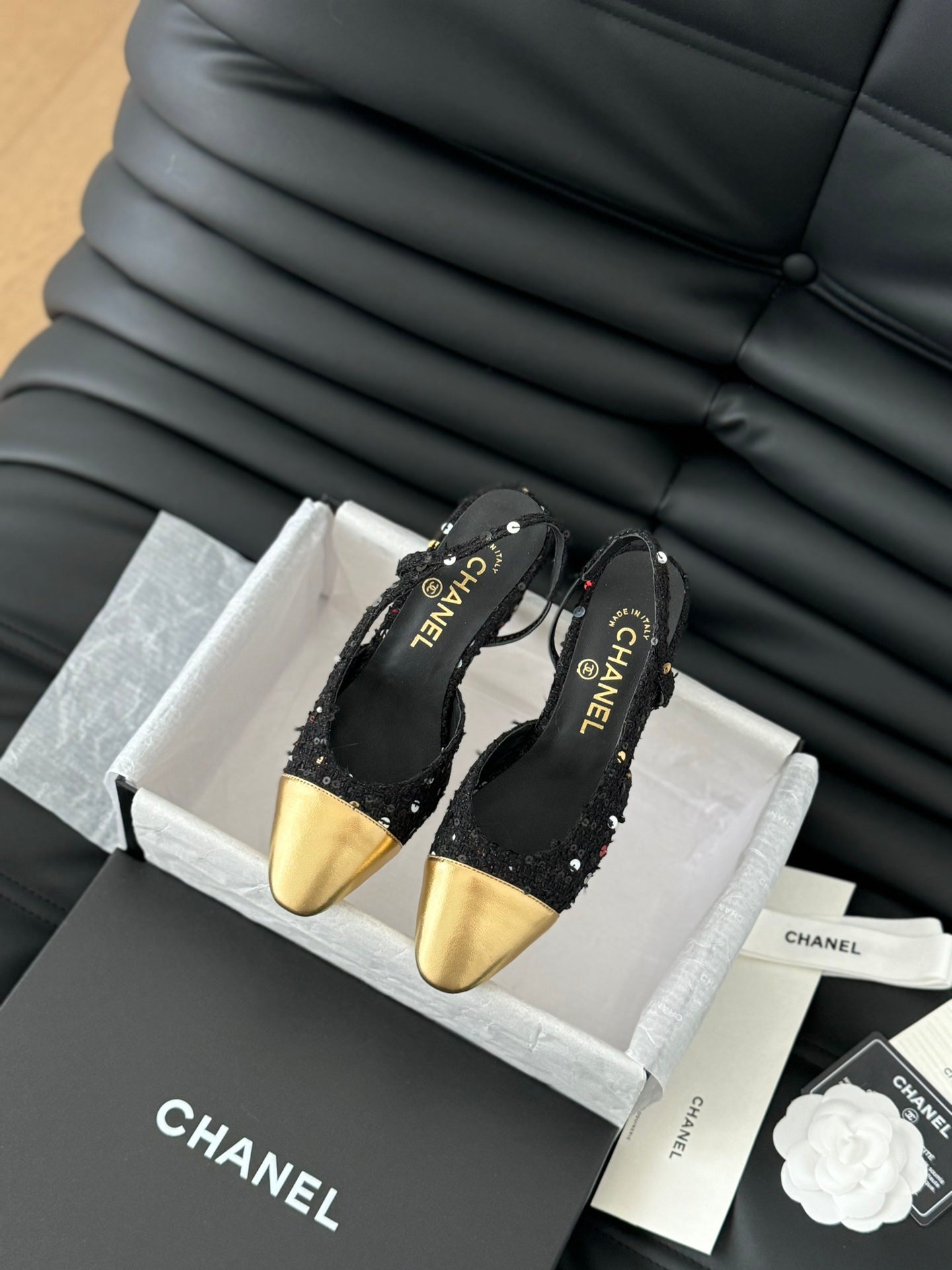 CHANEL HIGH SLINGBACK IN BLACK TWEED AND GOLDEN LAMBSKIN