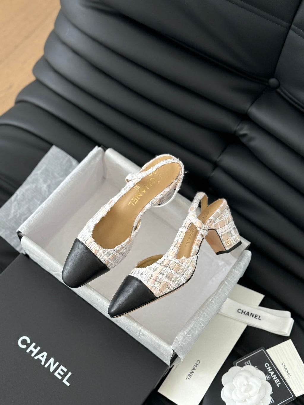CHANEL HIGH SLINGBACK IN BEIGE TWEED AND BLACK LAMBSKIN
