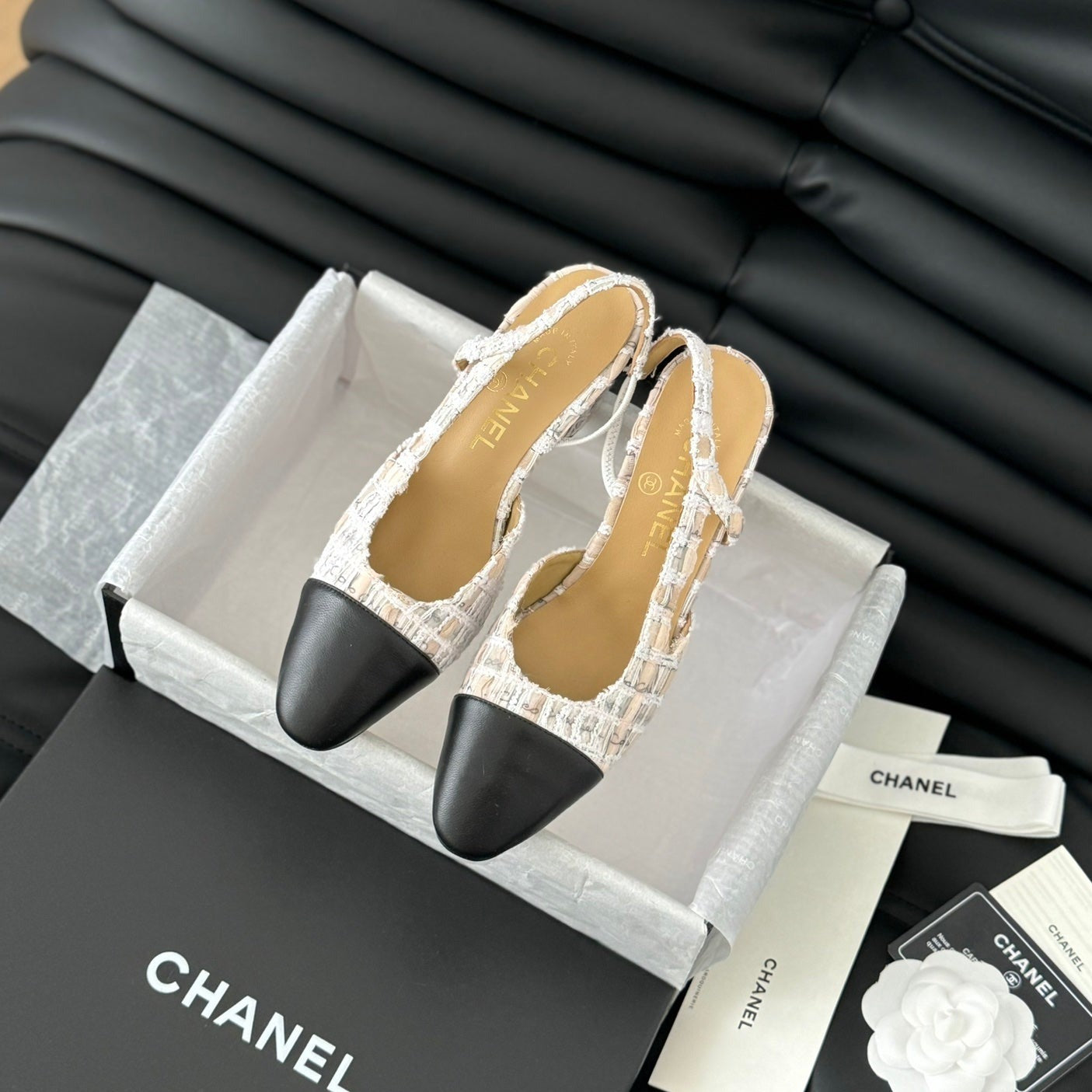CHANEL HIGH SLINGBACK IN BEIGE TWEED AND BLACK LAMBSKIN